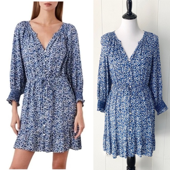 Rails Dresses & Skirts - Rails Womens Eliza Blue Floral Print Rayon Fit & Flare Dress Ice Chrysanthemum M